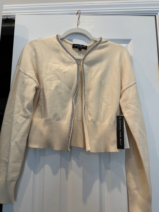 Central Park West Sweaters - Central Park West Cream Cropped Zip Cardigan with Rhinestone Trim